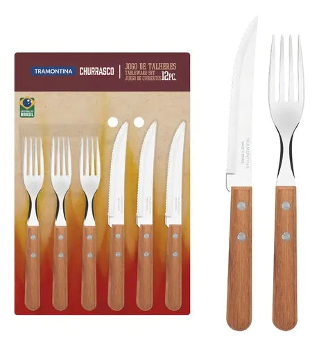 Juego De Cubiertos Tramontina De Madera Para Barbacoa De Acero Inoxidable, 12 Piezas, Color Madera Natural Marrón