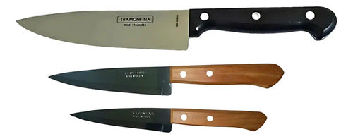Pack 3 Cuchillos Cocineros Tramontina Mango Madera + Prof. Marrón