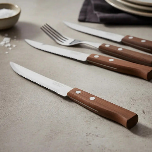 Set 6 Tenedores Y 6 Cuchillos Sierra Asado Madera Tramontina