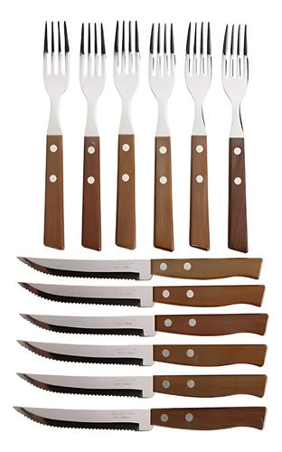 Set 6 Tenedores Y 6 Cuchillos Sierra Asado Madera Tramontina