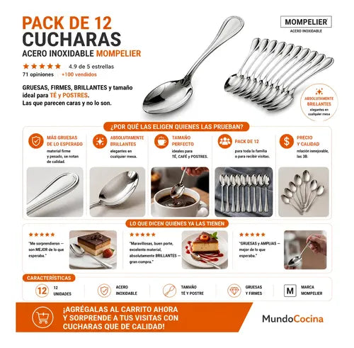 Pack 12 Cucharas De Té Postres Cocina Acero Inox. Mompelier Gris