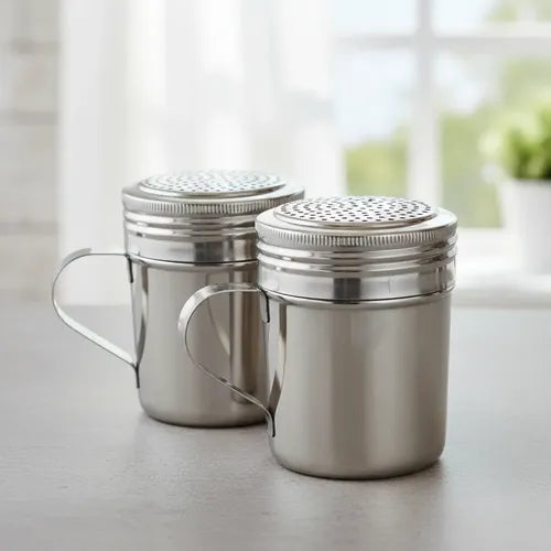 Pack 2 Azucarero Especiero Salero Acero Inoxidable Malla Asa Gris