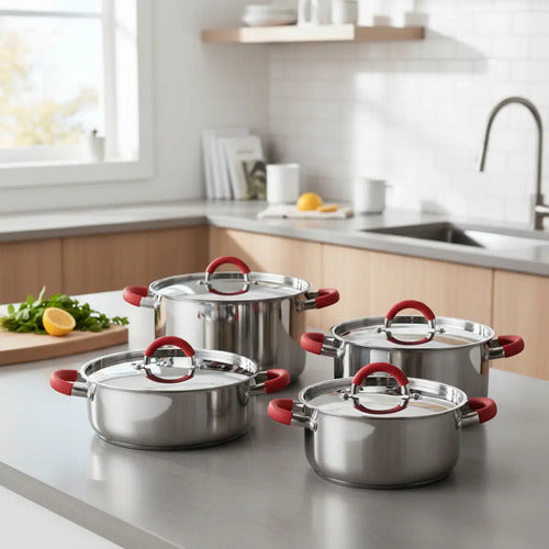 Batería De Cocina Acero Inox. 8 Pzas. M/silicona. Ollas. Col Acero