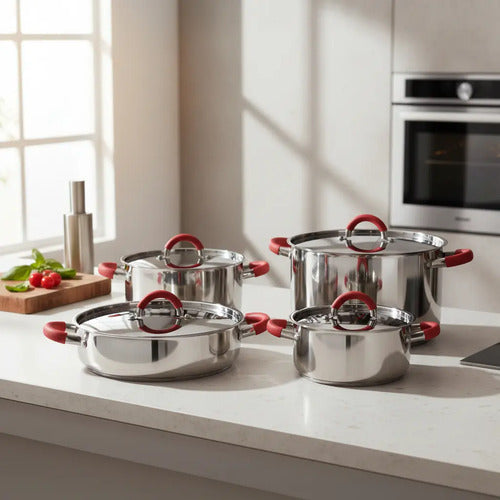 Batería De Cocina Acero Inox. 8 Pzas. M/silicona. Ollas. Col Acero