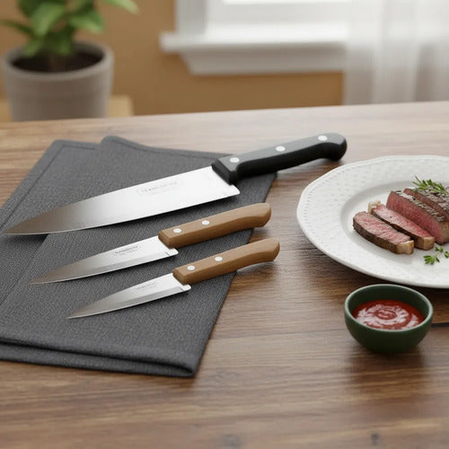 Pack 3 Cuchillos Cocineros Tramontina Mango Madera + Prof. Marrón