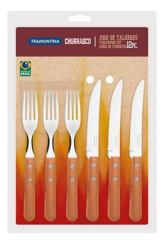 Juego De Cubiertos Tramontina De Madera Para Barbacoa De Acero Inoxidable, 12 Piezas, Color Madera Natural Marrón