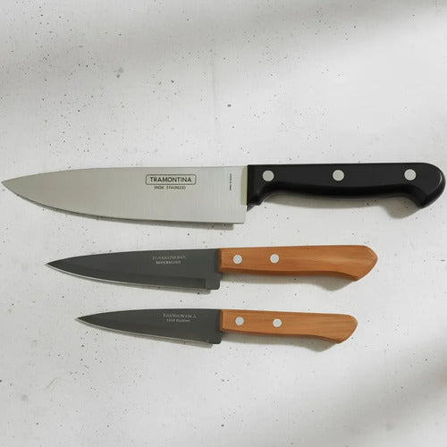 Pack 3 Cuchillos Cocineros Tramontina Mango Madera + Prof. Marrón