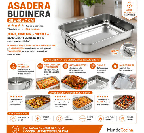 Bandeja Asadera Budinera Acero Inoxidable Profunda 30x40 Plateado
